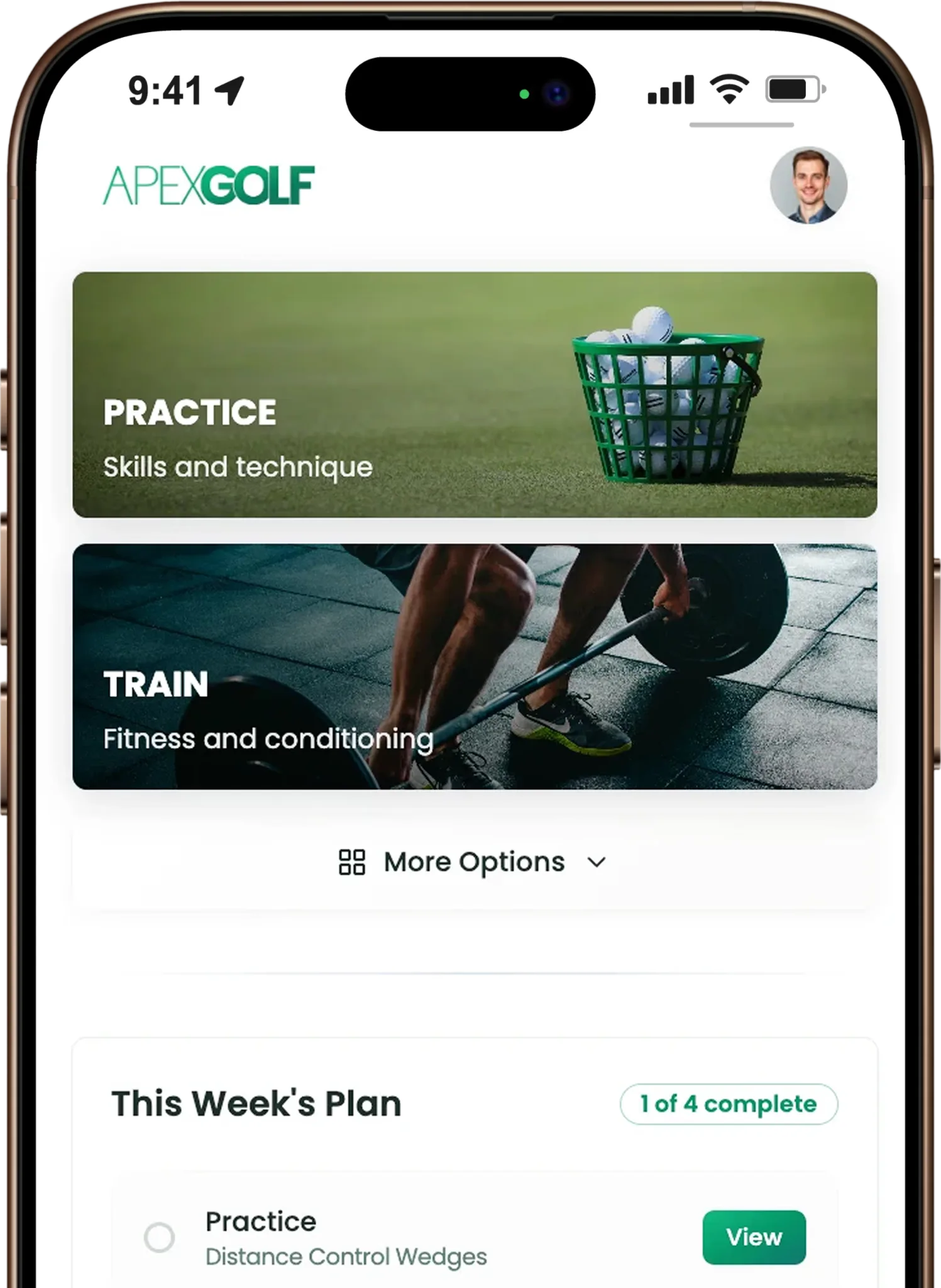 ApexGolf app interface showing an adaptive AI-generated golf coaching plan