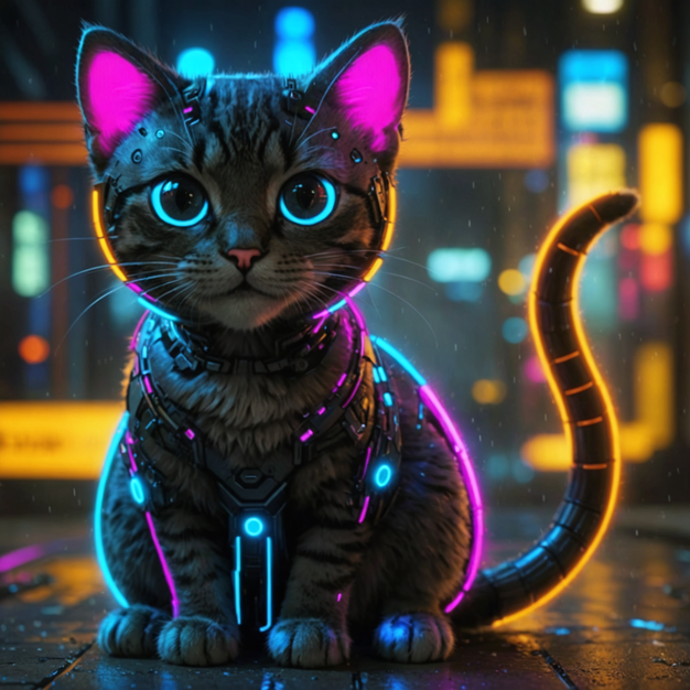 The cat sketch rendered as finished art in Cyberpunk style