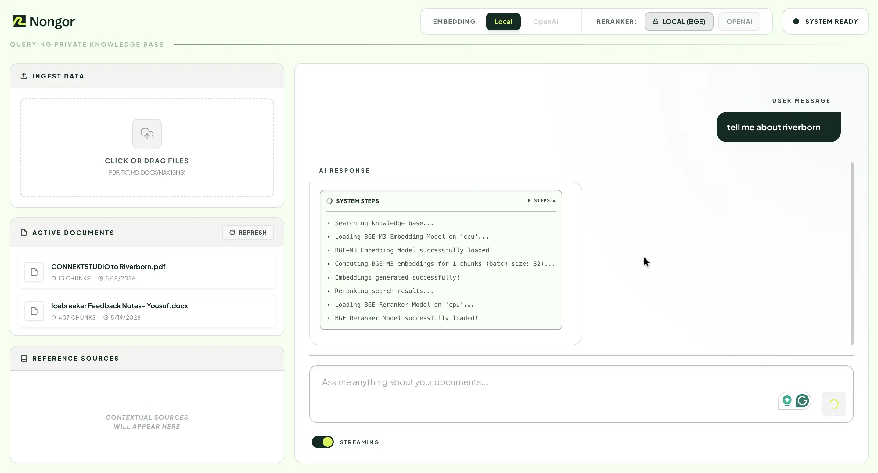 Nongor interface showing a local-first, citation-grounded RAG answer