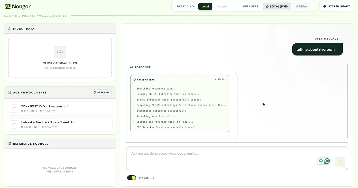 Nongor local-first knowledge base interface showing a citation-grounded answer